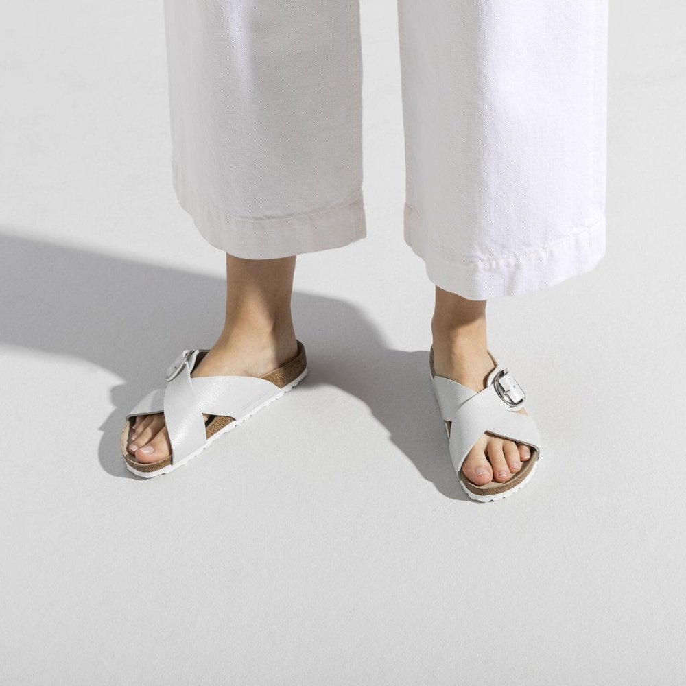 Birkenstock Siena Big Buckle Sandals Washed Metallic White Size 37 Narrow